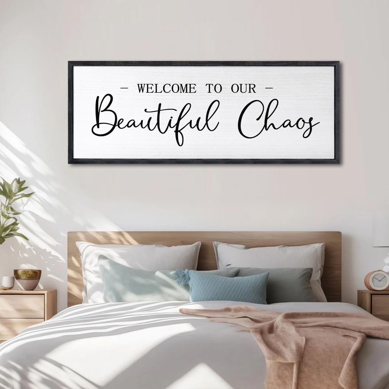Welcome To Our Beautiful Chaos Sign: Framed Wood Wall Decor 32x12 Inch, Rustic Farmhouse Hanging Art for Living Room, Entryway, Bedroom, Black