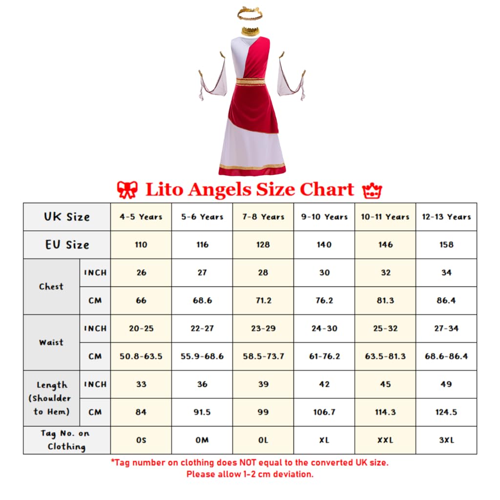Lito Angels Vestito Costume Antica Dea Romana Greca Mitologia Principessa con Corona Alloro Dorata per Bambina, Bianco Rosso