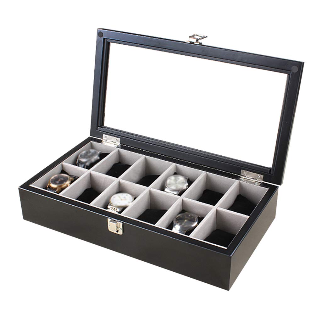 MUSUMI Cajas de almacenamiento para relojes, organizador de joyas de lujo, caja de exhibición de relojes de Madera, almacenamiento con 12 almohadas extraíbles para relojes y tapa de vidrio (Negro)