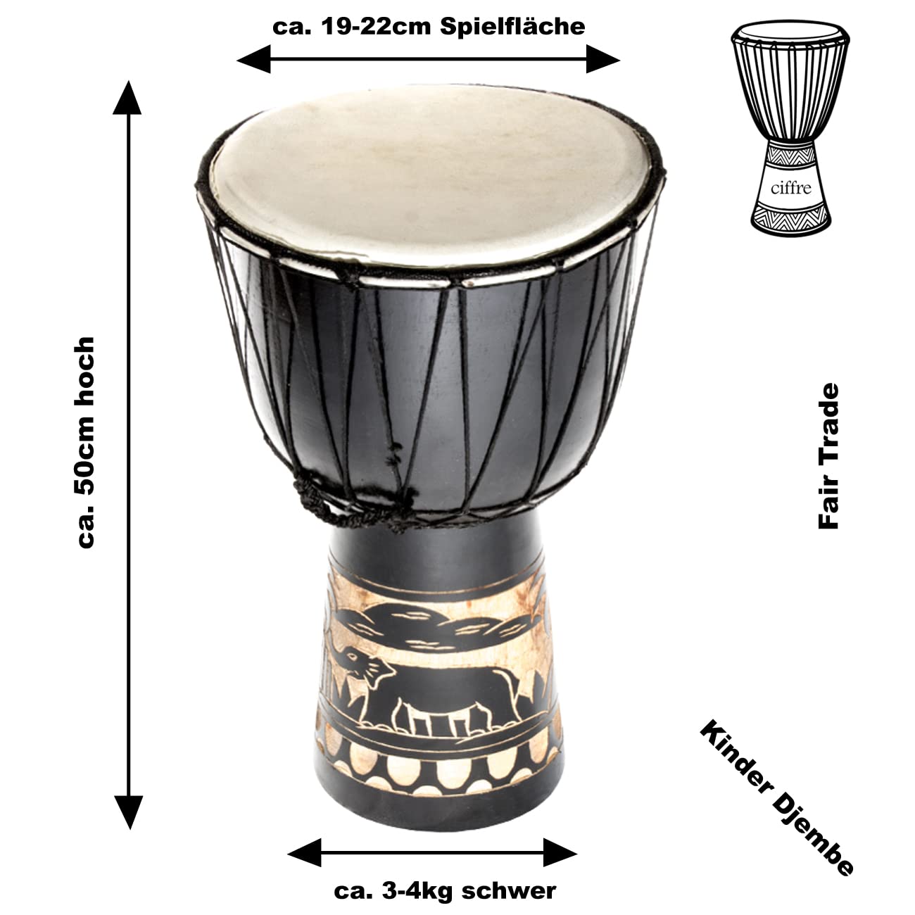 50cm Djembe Tambor Bongo Tambor de Madera Darbuka Buen Sonido Elefante Tallado