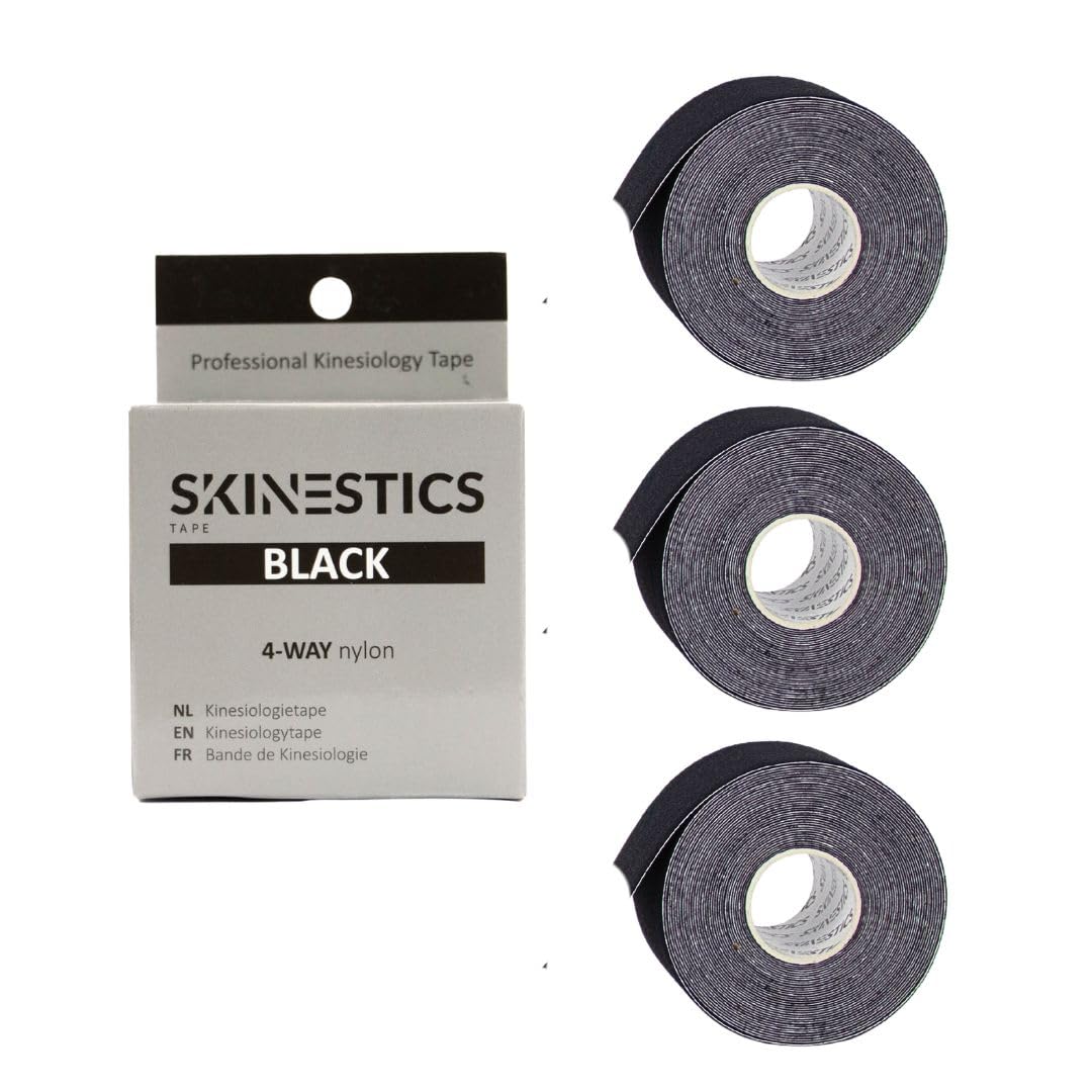 Skinestics | Kinesiologie Tape Schwarz | 3-Pack | 600cm x 5cm | Waterproof | Sportbandage & Medizinisches Kinesiotape | Knie, Fußball, Hallux Valgus, Tennisarm | Sport, Physio Tape, Cure Tape