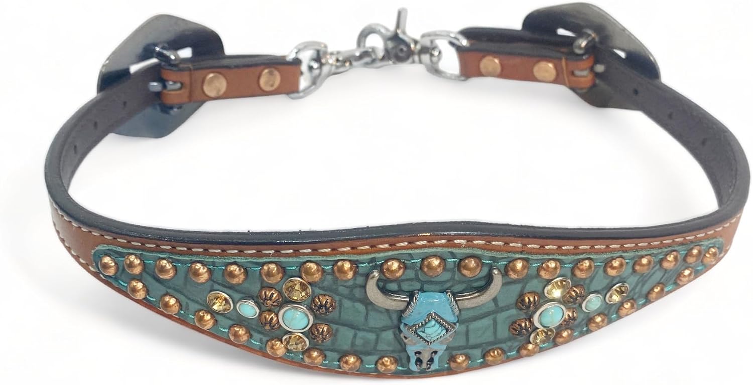 Wither Strap for Horse, Adjustable 23-30" Long x 1.75" Wide, Decorated Leather with Turquoise Print and Copper Accents