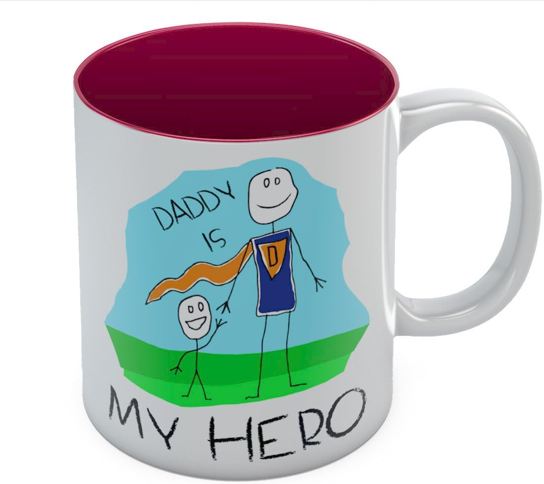 Daddy Is My Hero Kids Drawing - Super Dad Coffee Mug Father's Day Gift from Son, Daughter or Wife, Unique Present for Dad's Birthday Tea Cup Ceramic Mug 11 Ounce Red