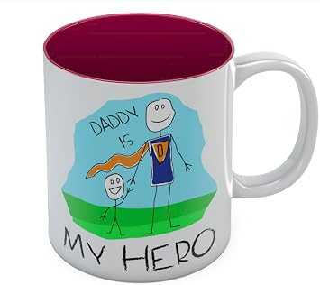Daddy Is My Hero Kids Drawing - Super Dad Coffee Mug Fathers Day Gift from Son, Daughter or Wife, Unique Present for Dads Birthday Tea Cup Ceramic Mug 11 Ounce Red