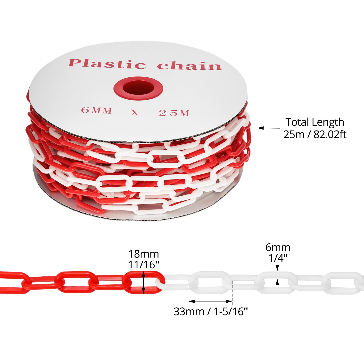 QWORK® 25m chaîne barrière rouge/blanc 6mm plastique, pour contrôle quantité, trafic, file d'attente