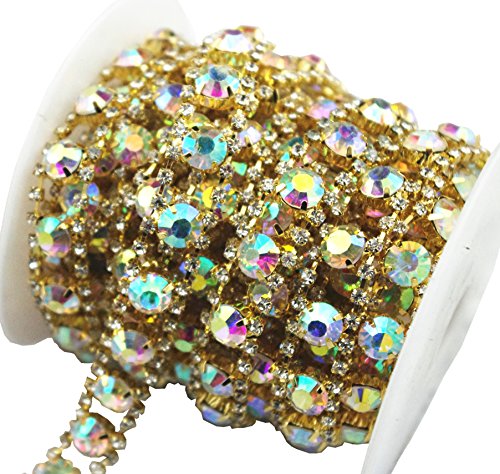 AEAOA 1 Yard 2 Rows 2.5mm Costume Applique Crystal AB Rhinestone Gold Chain Sew On Rhinestone Wedding Cake Decoration