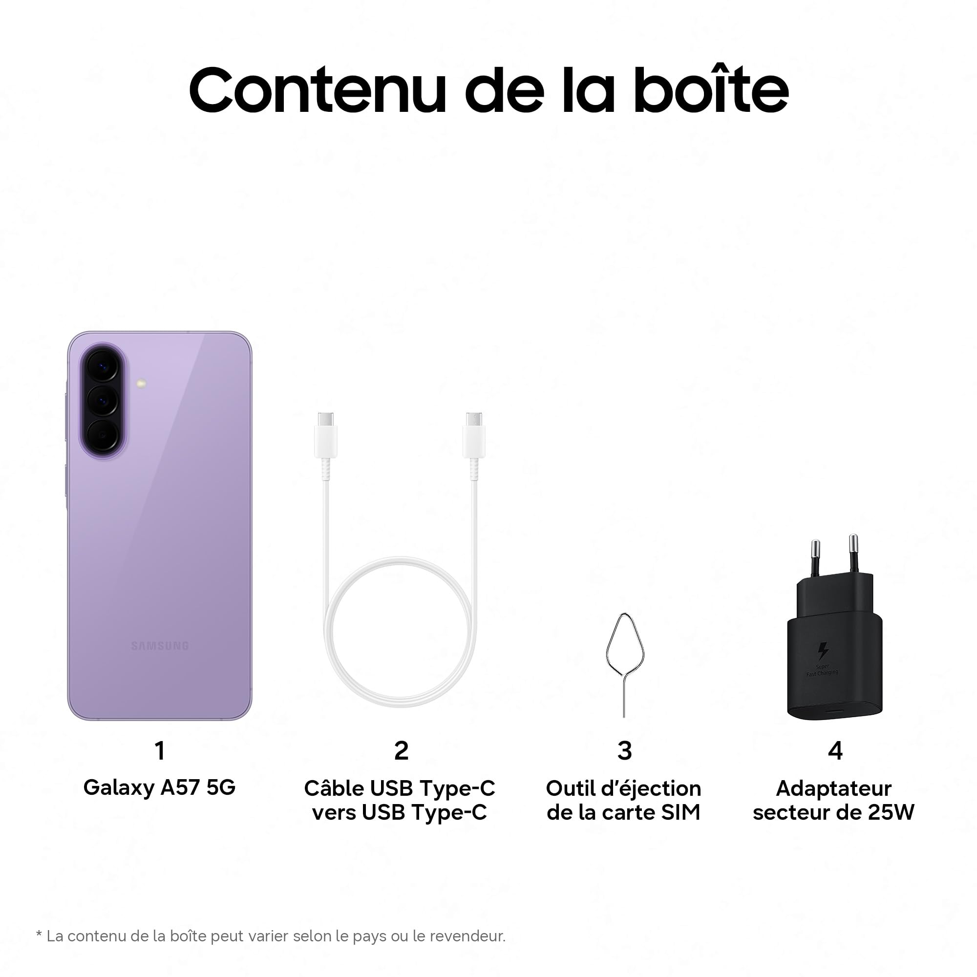 Samsung Galaxy A57 5G, Smartphone Android 5G avec l'IA Accessible à Tous, 128 Go, RAM 8 Go, Chargeur Secteur Rapide 25W Inclus, Smartphone déverrouillé, Lavande, Version FR