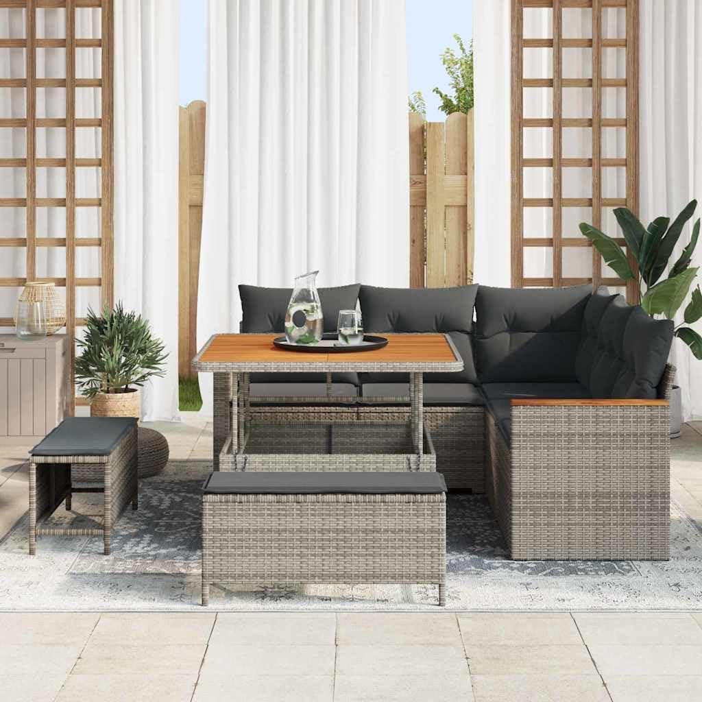 Set di mobili da giardino, 8 pezzi, in polyrattan, grigio, con