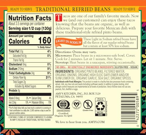 Image of Amy's Organic Refried Beans Canned, Traditional Beans Light in Sodium, Vegan Gluten Free and Vegetarian, 15.4 Oz (12 Pack)