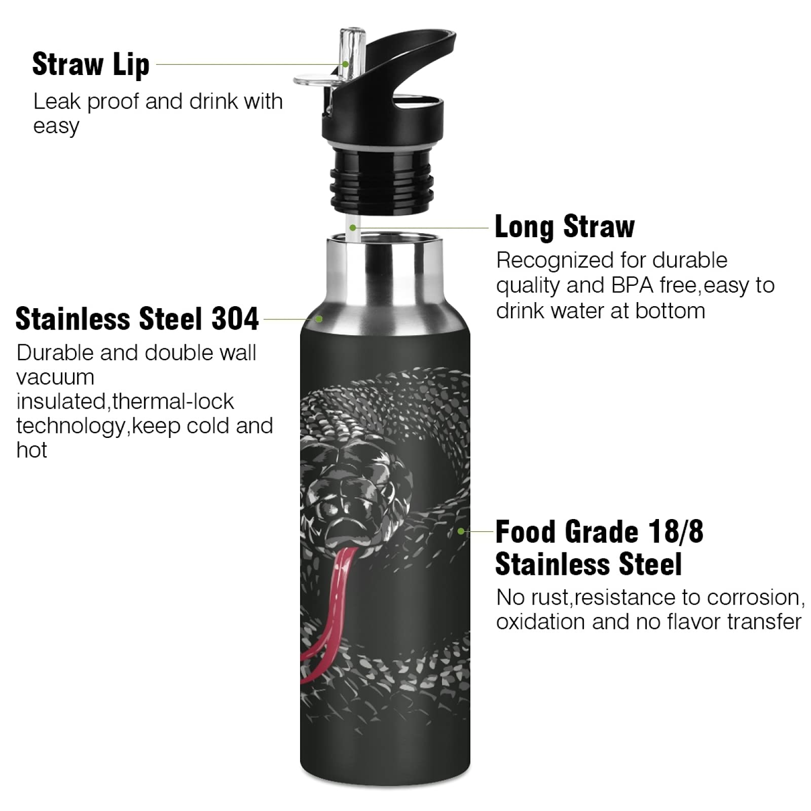 Borraccia Termica Serpente Cobra Per Bambini - Acciaio Inox 600ml, Isolata, Design Animale, Per Sport E Scuola - Foto 3