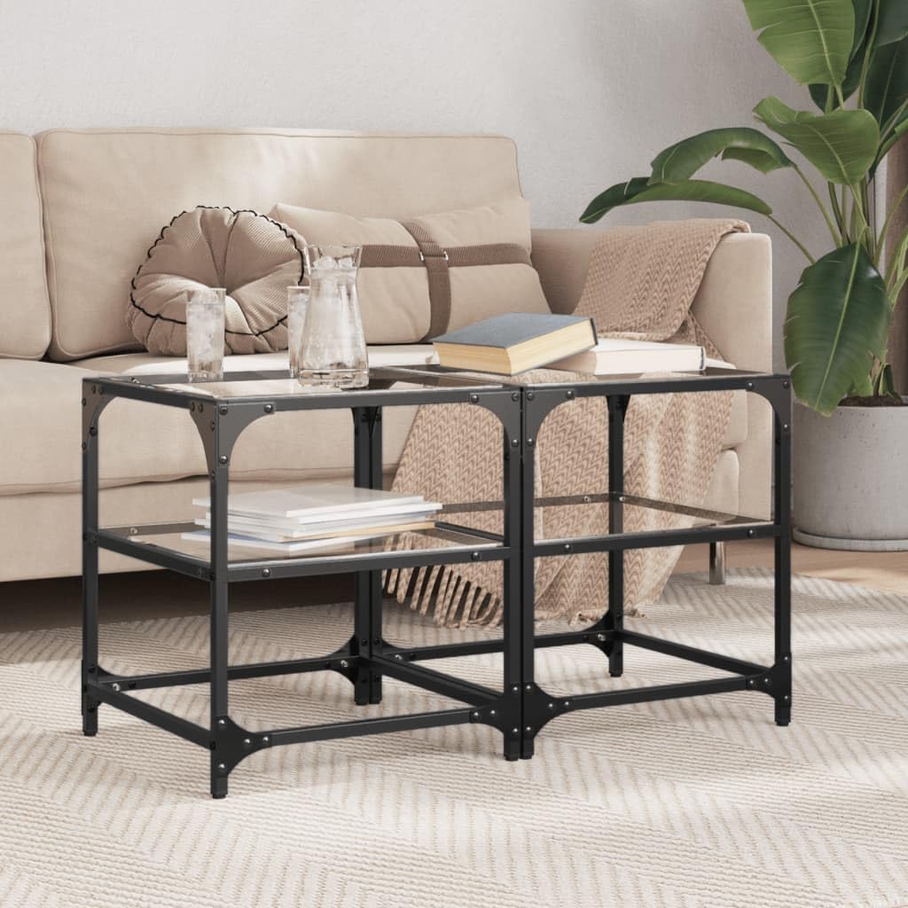 Mesa de centro con placas de cristal, transparente, 40 x 40 x 45 cm, marco de acero, mesa de salón para aperitivos y bebidas, artículos decorativos, diseño de fácil cuidado