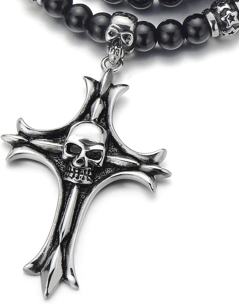COOLSTEELANDBEYOND Gothic Style Mens Black Onyx Beads Necklace with Stainless Steel Cross Skulls - Image 2