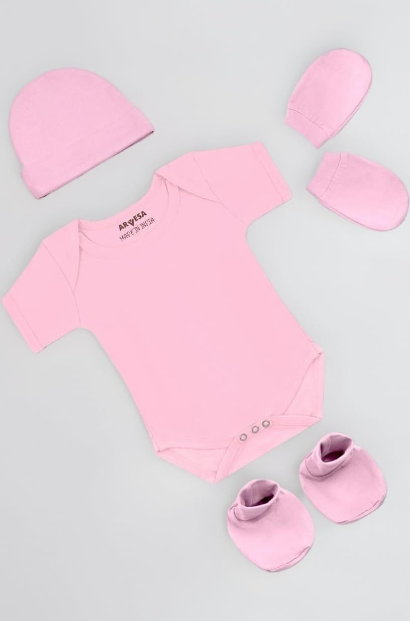 ARVESA 100% Cotton Biowash White Romper for Newborn Baby Romper Set with Cap Booties & Mittens 0–6 Months