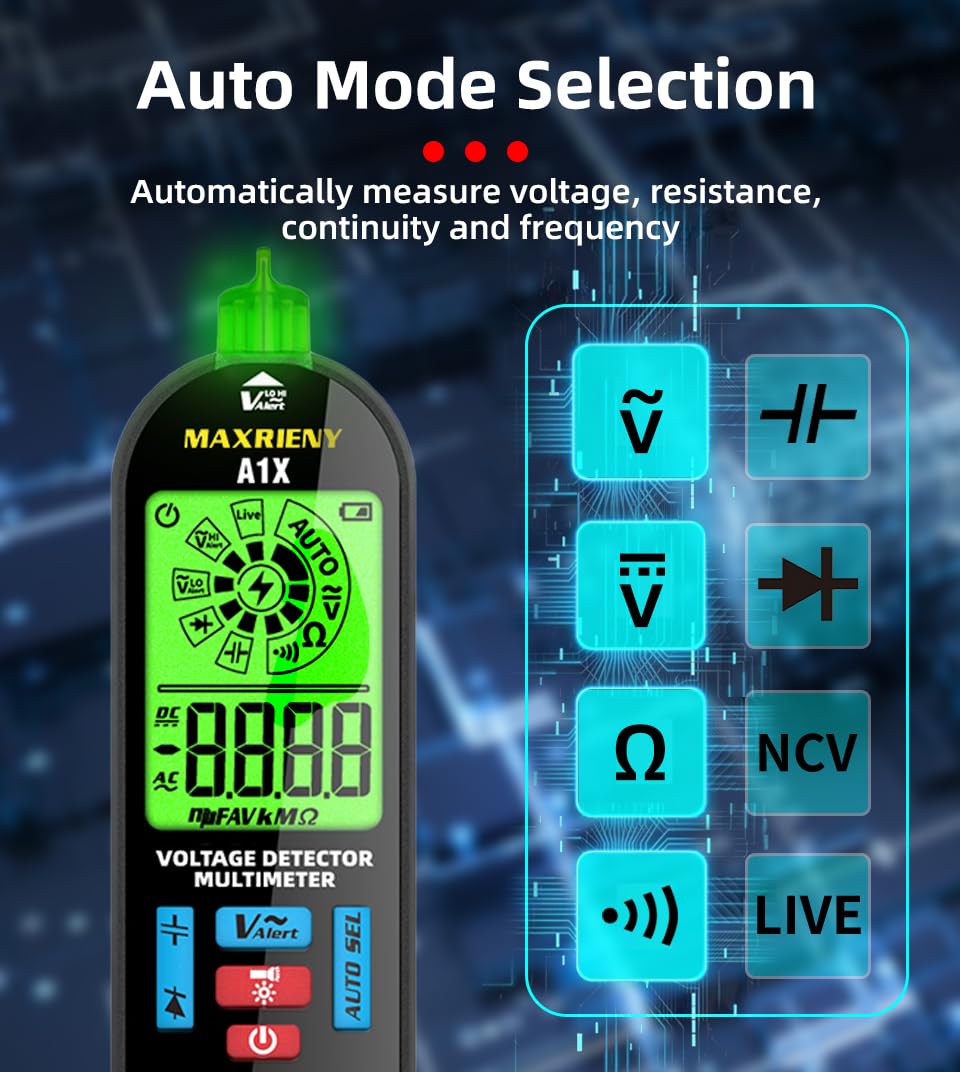 Digital Multimeter Rechargeable Electrical Tester NCV with Audible and Visual Alarms Auto-Ranging Measures AC/DC Voltage Capacitance Resistance Continuity Capacitance Diode Live Check Tester