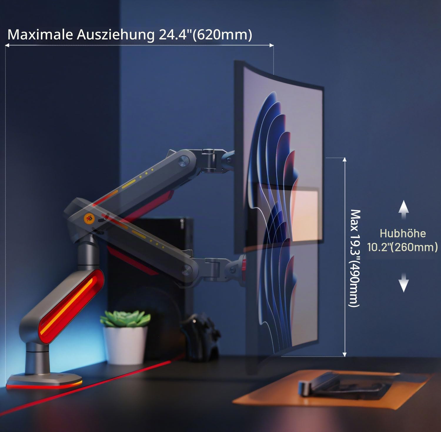 NB Ergonomic Monitorarm for Ultrawide Bildschirme bis zu 60 Zoll, Gaming Monitor Halterung Arms Last bis zu 20 kg, C-Clamp & Grommet Installation VESA 75/100 mm (Rot)