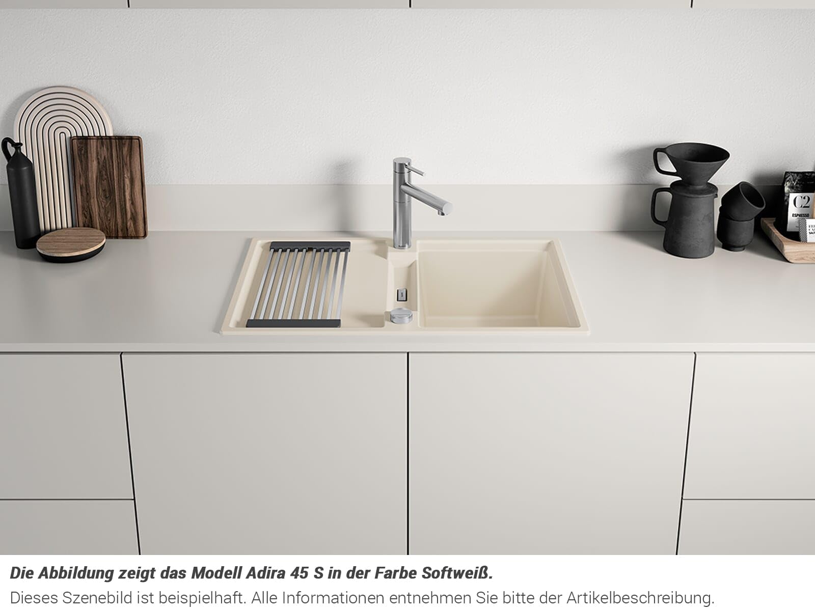 BLANCO ADIRA 45 S, Silgranit tartufo, Tipo de montaje: instalación desde arriba, reversible, con mando a distancia, con accesorios, armario bajo 45, lavabo grande, superficie fácil de limpiar