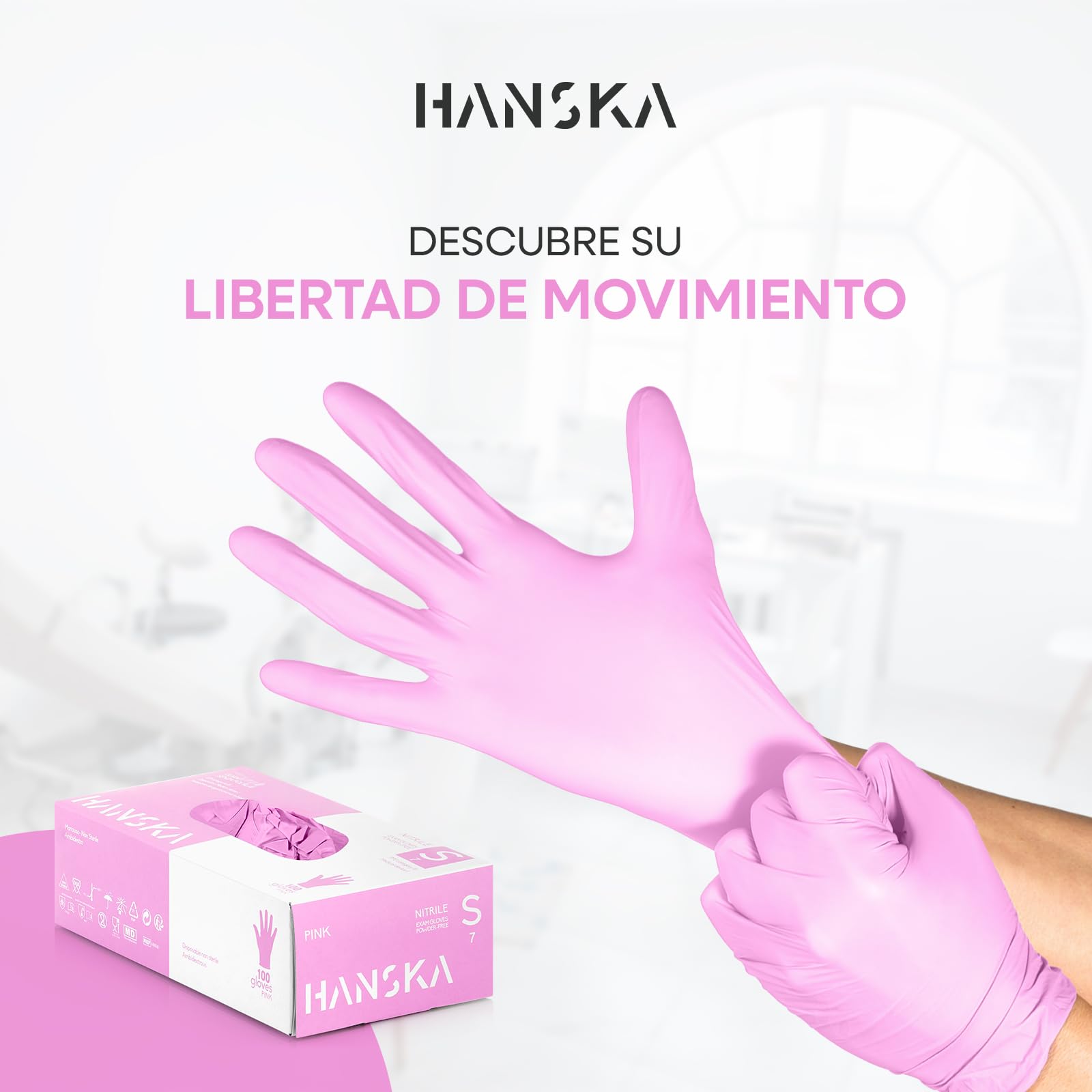 HANSKA 100 Guantes desechables de nitrilo rosas - Sin polvo - Desechables - Ambidiestros - No estériles - Base de goma - Apto para áreas médicas y manipulación de alimentos (100, S)