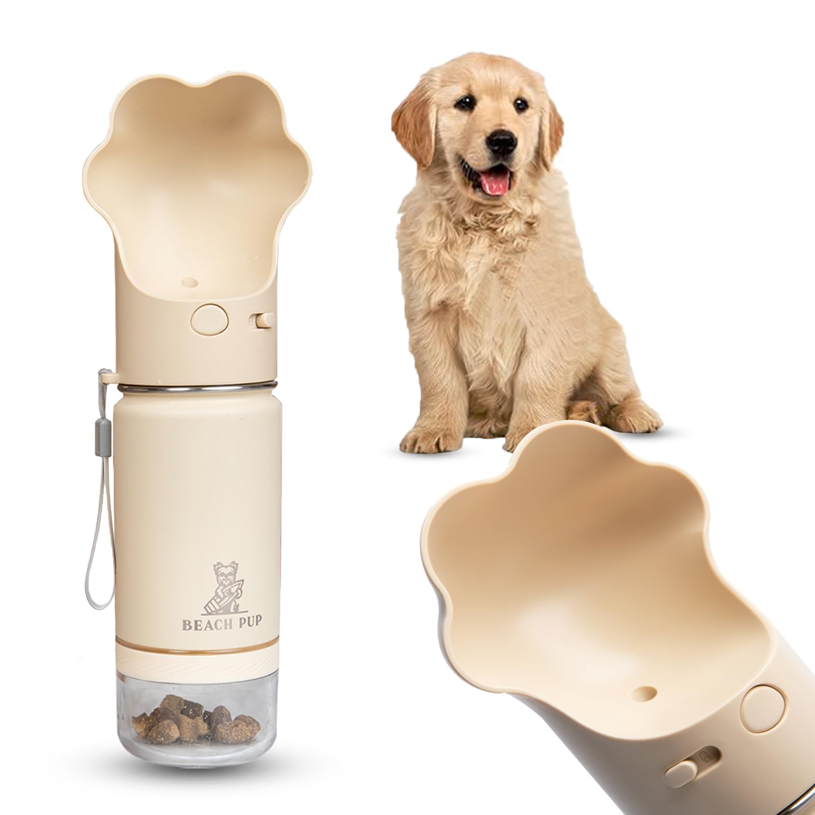 Dog Portable Water Bottle Stainless Steel 10 oz with Food Container - Pet Water Bottle - Cream Portable Dog Water Dispenser with Bowl and Container