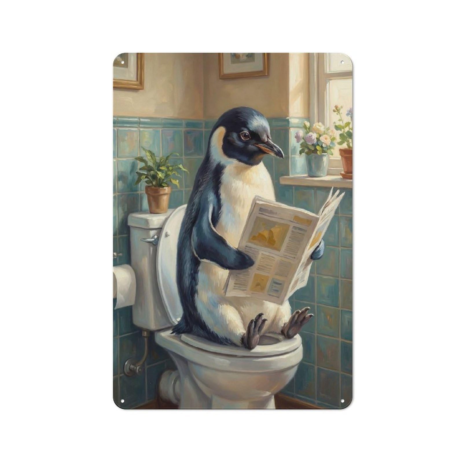 Junmoney Style-21 Vintage Tin Sign 30X20cm Featuring Penguin Reading Newspaper On Toilet For Bar Or Restaurant, A Decorative Christmas Gift For Bar Decor Enthusiasts