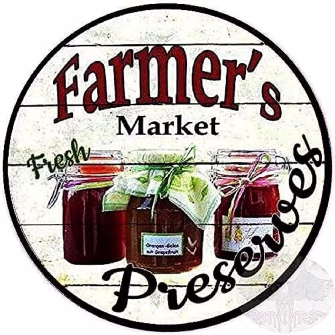 New Rustic Farmhouse Round Metal Tin Sign Farmers Market Fresh Preserves Sign Retro Kitchen Decor Wall Door Hanger Decor Vintage Sign Diameter 8 in