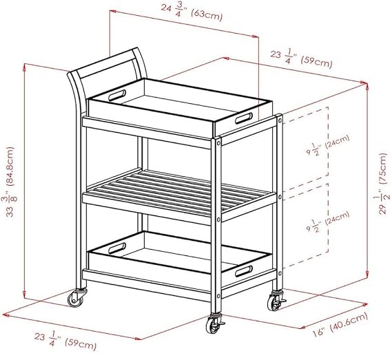 Furnifact Solid Wood Kitchen Cart On Wheels with Two Removable Serving Trays, Slatted Shelf, and Locking Casters, Versatile Bar Cart