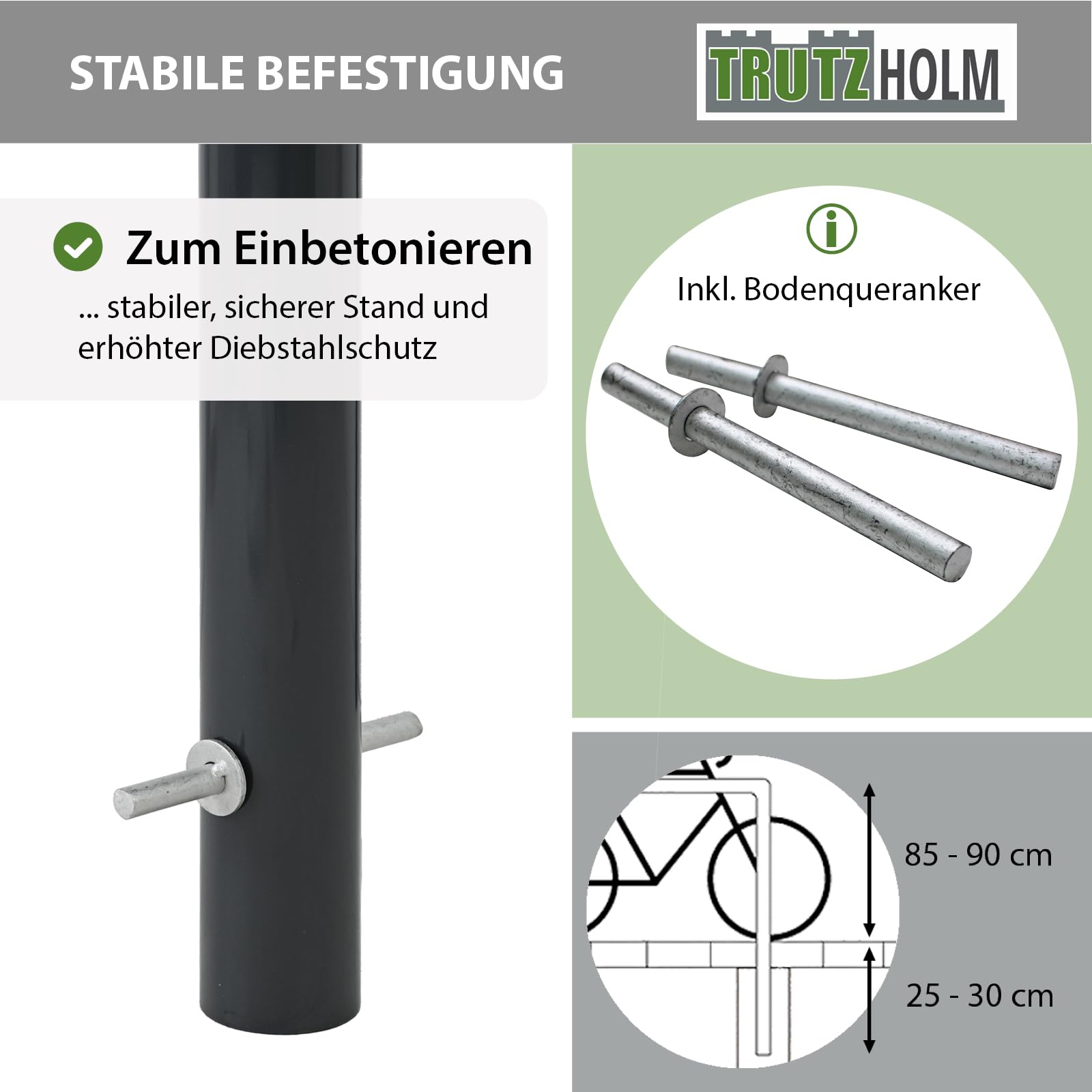 TRUTZHOLM 2x Fahrradanlehnbügel 115x52 cm Stahl pulverbeschichtet Rohrdurchmesser Ø 60 mm Fahrradständer zum Einbetonieren inkl. Bodenqueranker Parker Fahrradanlehner für 2 Fahrräder in Anthrazit
