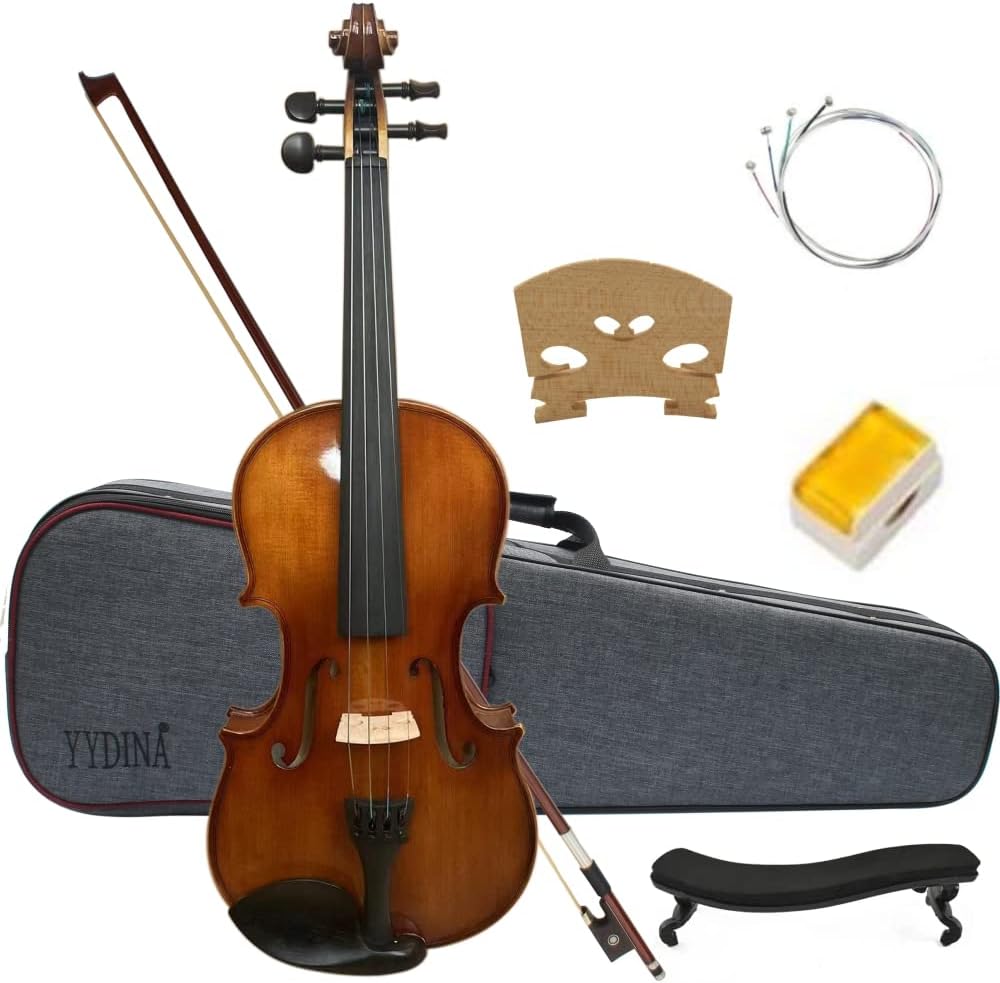 YYDINA Violin Outfit, Solid Wood Fiddle for Adults Beginners Students Kids Case and Accessories Included - Solid Maple Wood and Ebony Fittings (4/4)
