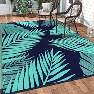 GENIMO Outdoor Rug 9′ x 12′ Waterproof for Patios Clearance, Reversible Outdoor Plastic Straw Camping Rug Carpet, Large Area Rugs Mats for RV, Camper, Deck, Balcony, Porch, Beach, Navy Blue&Jade Green