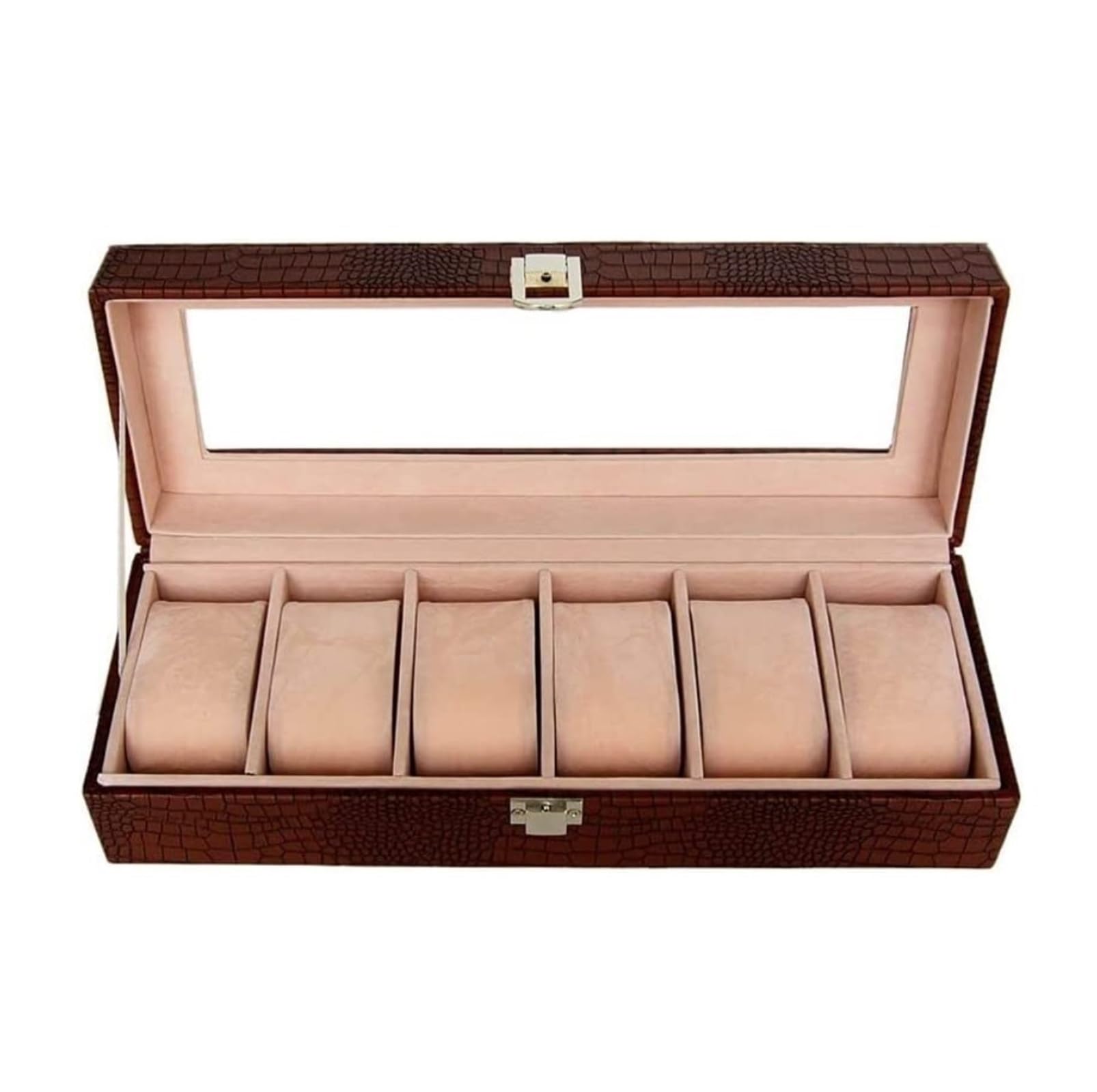 Uhrenbox, Uhrenbox, Aufbewahrungskoffer, Leder, Herrenuhr, Organizer, 6 Fächer, mit Glasdeckel, abnehmbare Kissen, Uhrengehäuse (A)