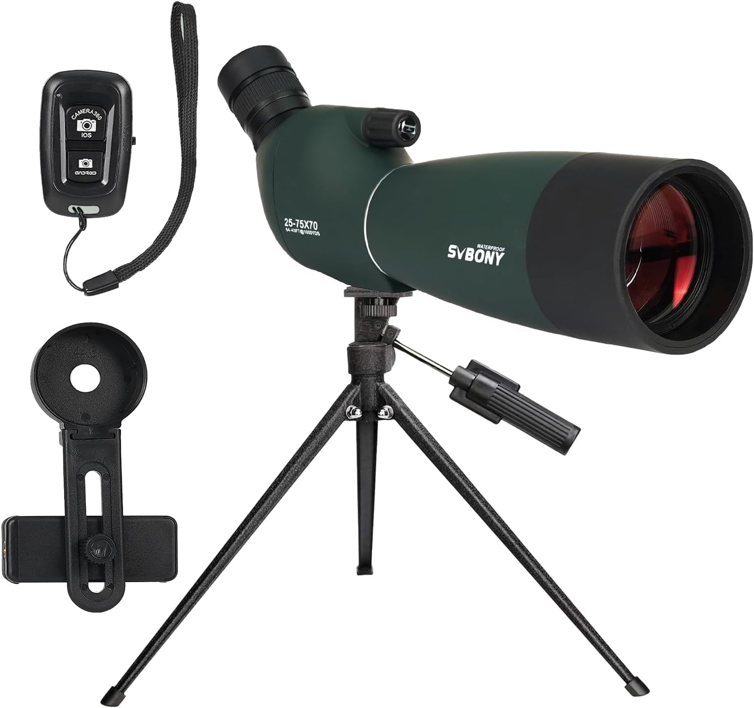 Svbony SV28PLUS Cannocchiale con Treppiedi Smartphone Adapter, 25-75x70mm con Controller Wireless, Ambiti BAK4 A5 Vino Rosso FMC, Telescopi Spotting Scope per Adulti tiro a segno Tiro con l'arco