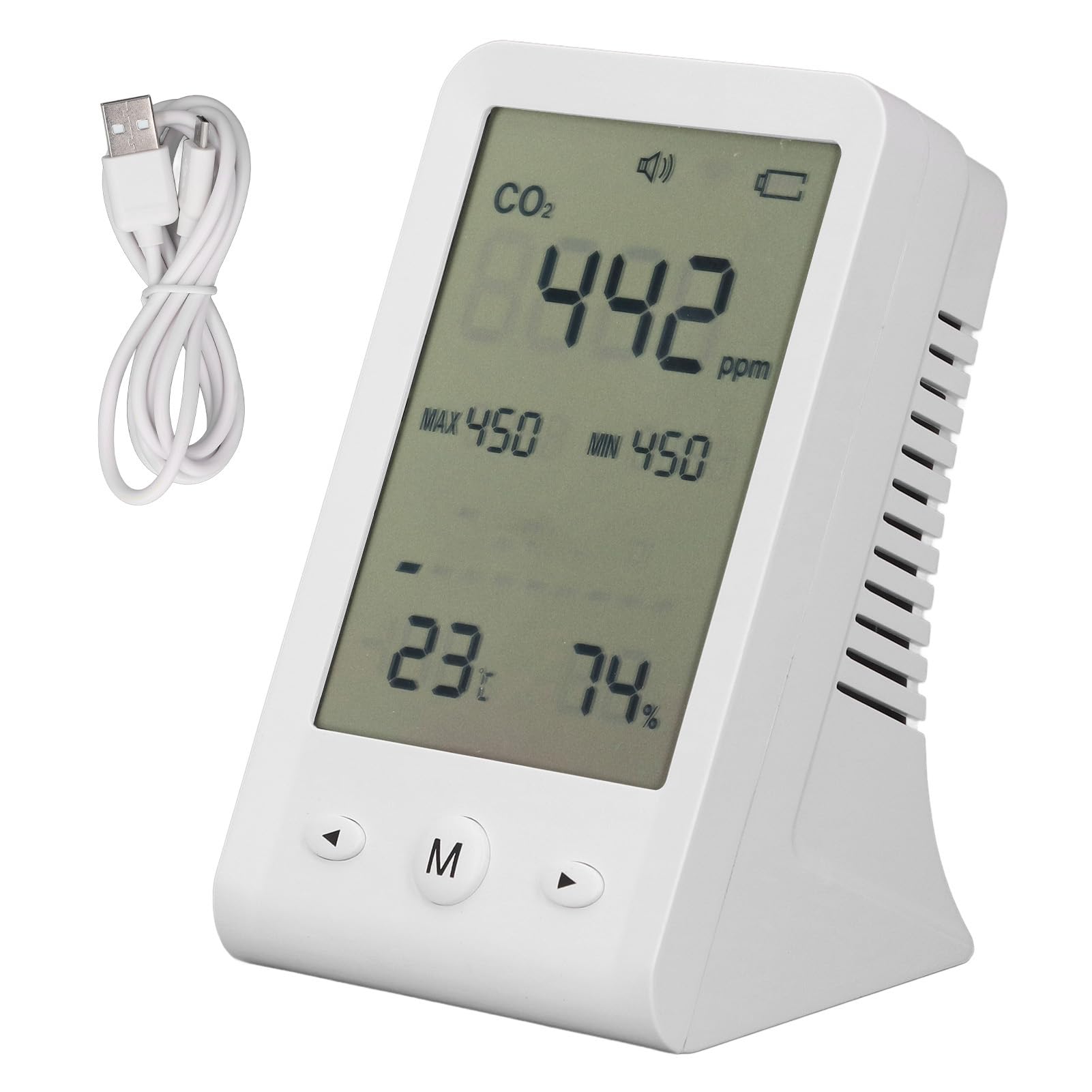 Monitor de CO2, Detector de CO2 Multifuncional, Termómetro Higrómetro con Alarma, para Medidor de Calidad del Aire Interior, Hogar, Oficina, Aula