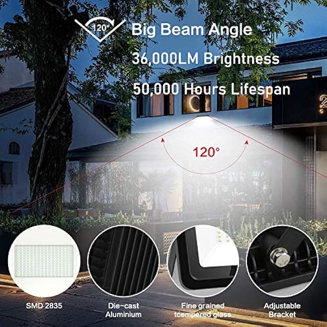 300W LED Flood Light, 36000lm Super Bright, 1600W Equivalent, Waterproof IP66 with Plug, 6000K Daylight White Floodlight for Yard, Garden, Garages