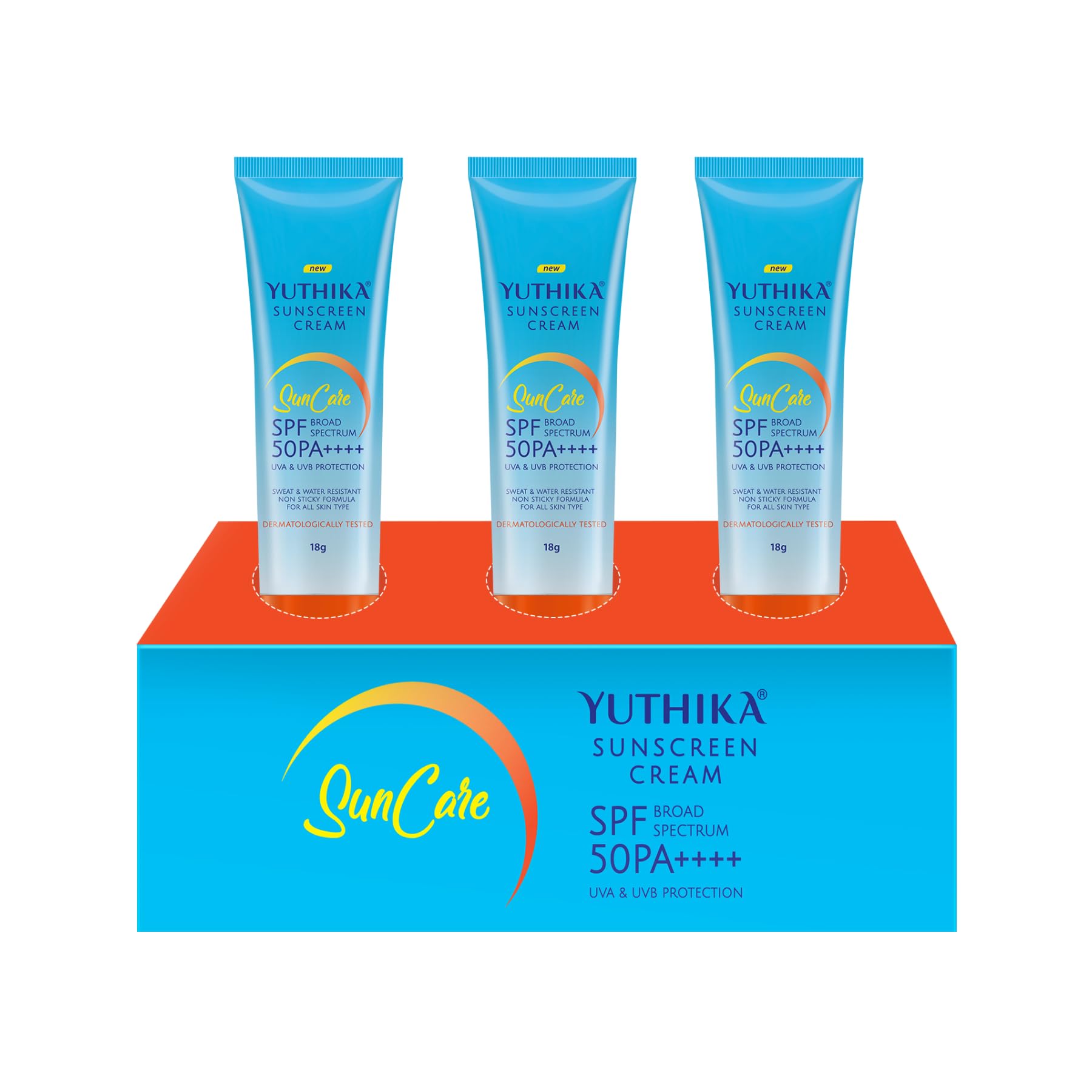 Yuthika SunCare Sunscreen Cream SPF 50 PA+++ | 18g | High Protection | Non-Greasy Formula | UVA & UVB Defense | For All Skin Types Pack of 3 (18g Each)
