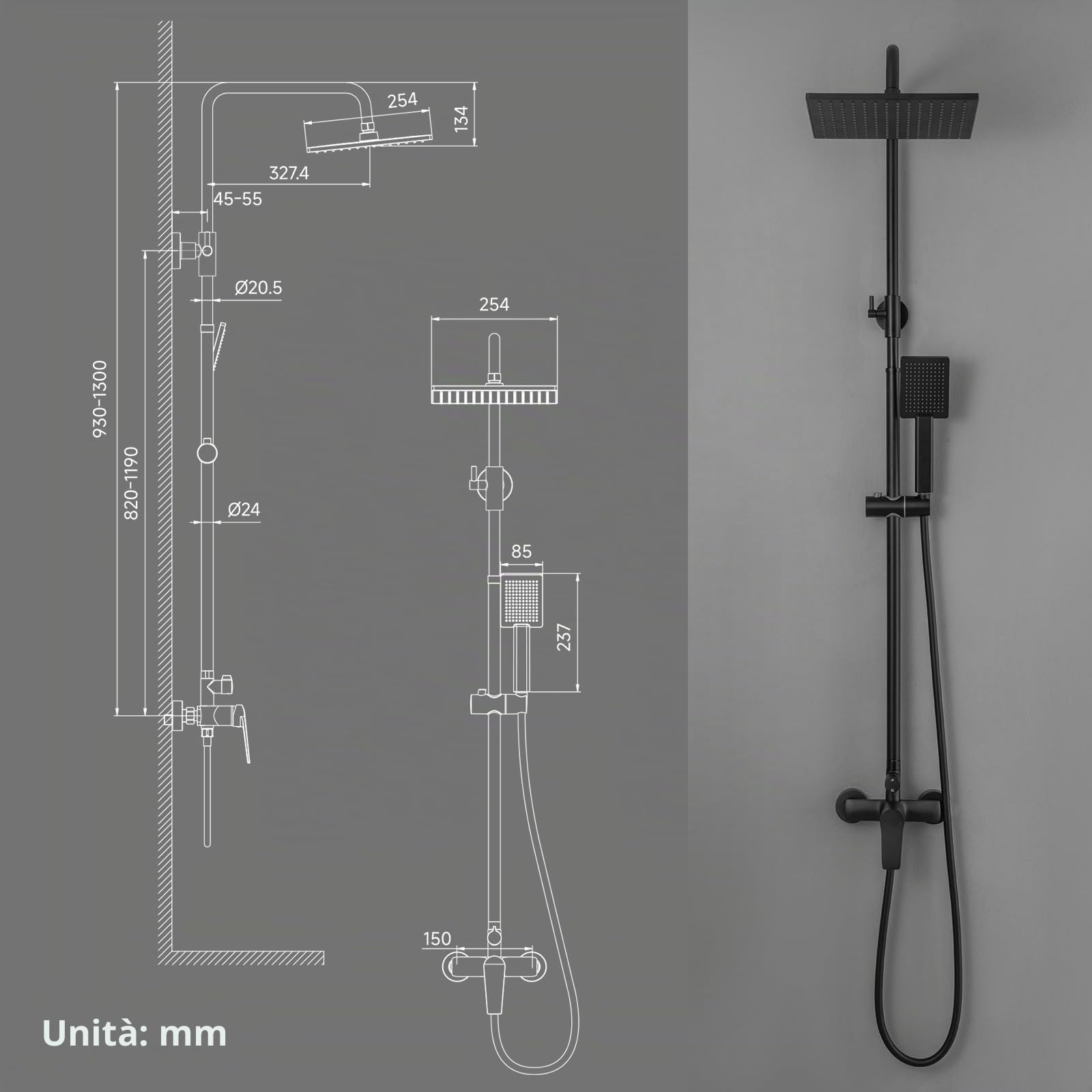 Auralum Colonna Doccia con Miscelatore, Asta Doccia con Soffione e Doccetta, Saliscendi Doccia Acciaio Inox Altezza Regolabile 90-130cm, Gruppo Doccia Completa con Miscelatore Doccia Esternoe Nera