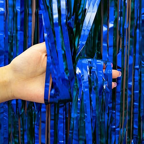Miniatura 3 de Paquete de 2 cortinas de flecos de papel de aluminio azul de 3.3 x 6.6 pies, cortinas de fondo para decoraciones de fiesta azul, graduación, boda,