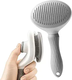 Escova Autolimpante Rasqueadeira Tira Pelos para Gatos e Cães de Pelo Longo – Removedora de Pelos com Botão de Limpeza, Cerdas Encapadas Seguras e Cabo Ergonômico Antiderrapante (Cinza)