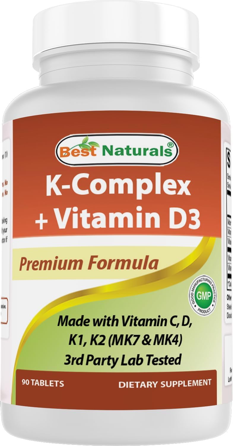 Best Naturals K-Complex with K1 (Phytonadione 1500 mcg + K2 as Menaquinone 100 mcg + K2 as MK-4 1000 mcg) + D3 + VIT. C - 90 Tablets - Made in the USA 90 Count (Pack of 1)