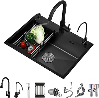 Black Stainless Steel Kitchen Sink, Single Bowl Kitchen Sink, Drop In/Topmount Workstation Sink with Sliding Accessories, Farmhouse Workstation Sink with Multiple Accessories (21.7 x 17.7in)