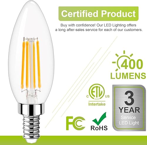 Miniatura 3 de Bombilla LED de candelabro regulable equivalente a 40 W, bombillas de araña E12 blanco cálido 3000 K, 400 LM, CRI 85+, bombilla B11 tipo B para