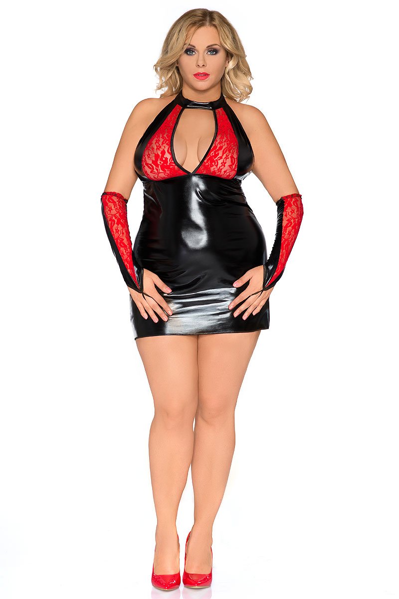 Andalea Damen Dessous Wetlook Chemise Negligee in schwarz rot mit Spitze und Armstulpen rückenfrei Neckholder