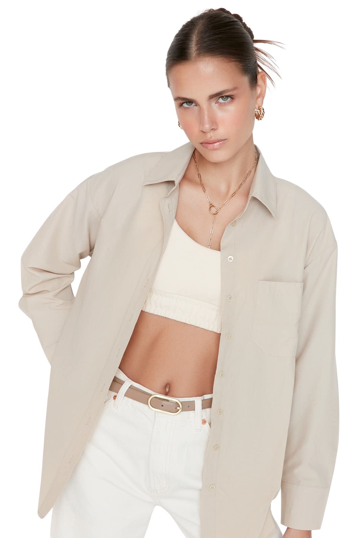 Trendyol Women Basics Oversize Basic Shirt Collar Woven Shirt Grau