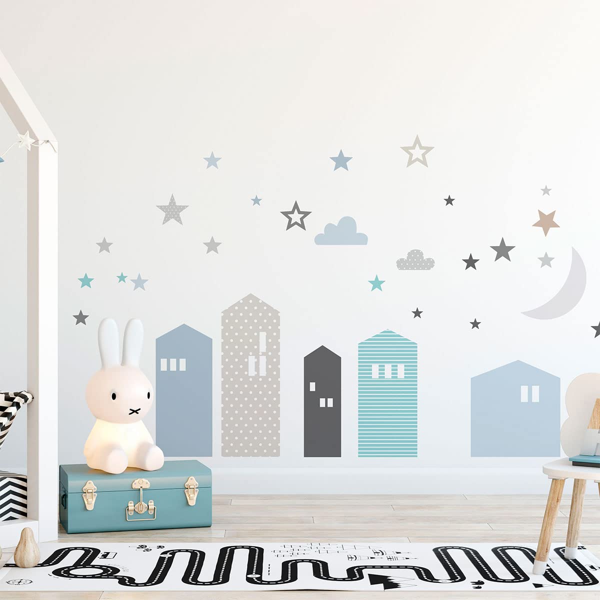Stickers muraux enfants - Decoration chambre bébé - Stickers muraux enfant - Sticker mural scandinave - Autocollant mural géant ville à la tombée de la nuit - H120 x L180 cm