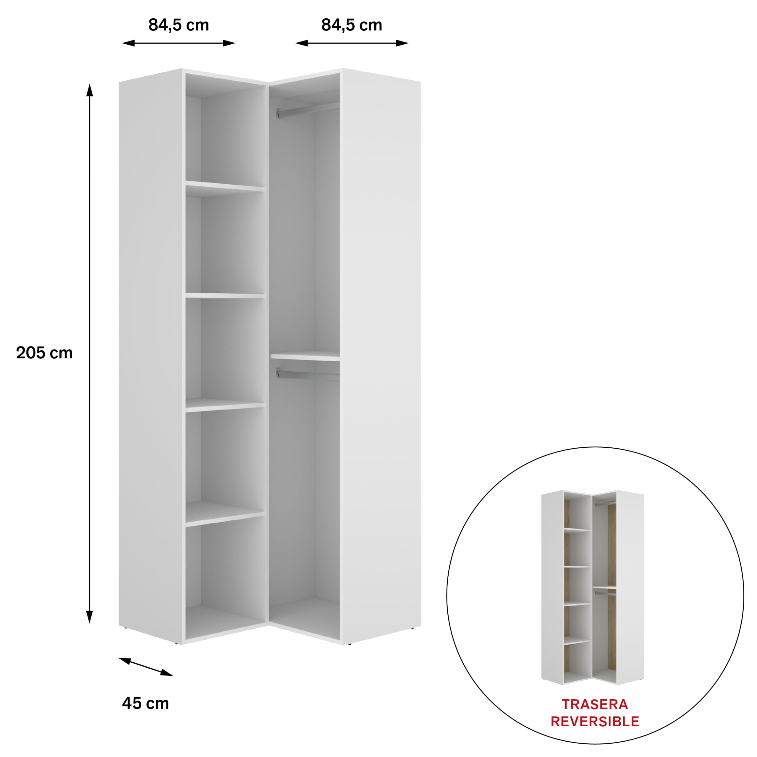 DEKIT GRUPO RIMOBEL SUIT - Armario-vestidor rinconero con trasera reversible - BLANCO/NATURAL - 205 x 84,5 x 84,5