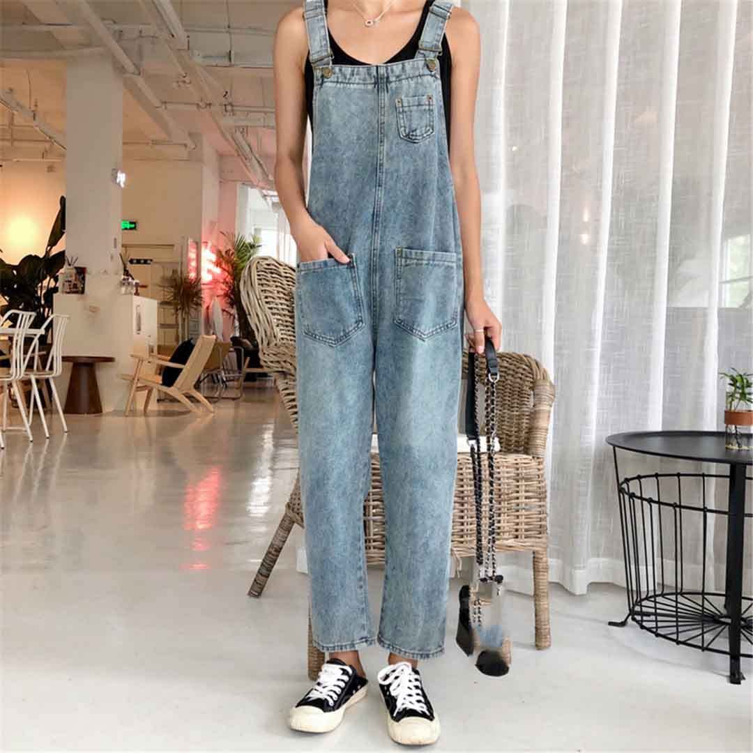 Suwequest Tuta da donna in denim autunno jeans tuta tasche tinta unita pagliaccetti salopette salopette vintage