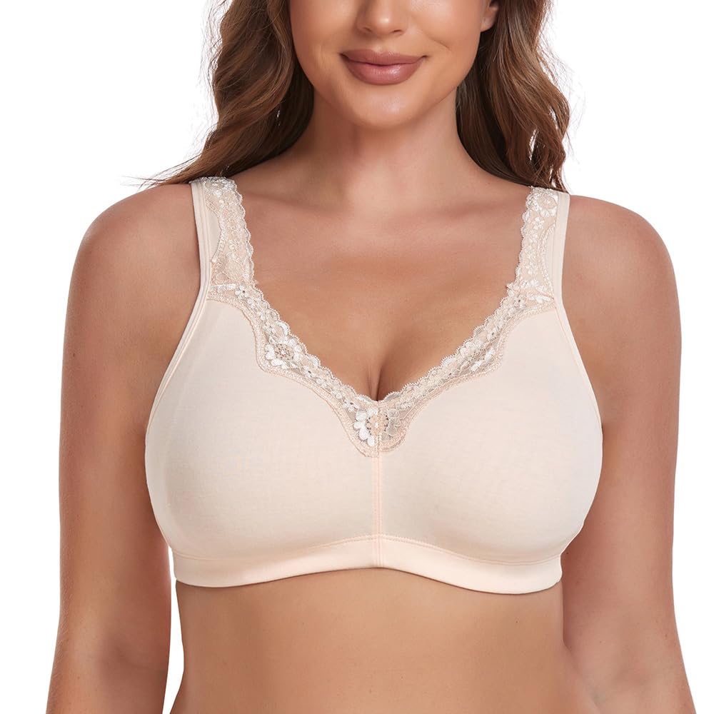 Women's Wireless Plus Size Lace Bra Full Coverage Unlined Minimizer Bra Comfort Cotton