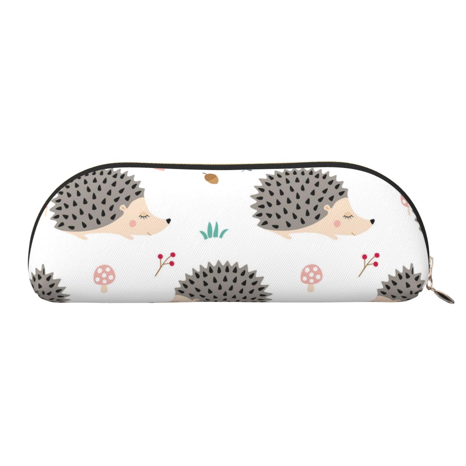 QGGHNISD Hedgehog Half Round Organiser - Compact And Portable Leather Cosmetic Bag With Metal Zip Pen Pouch, Suitable For Students Or Office Use