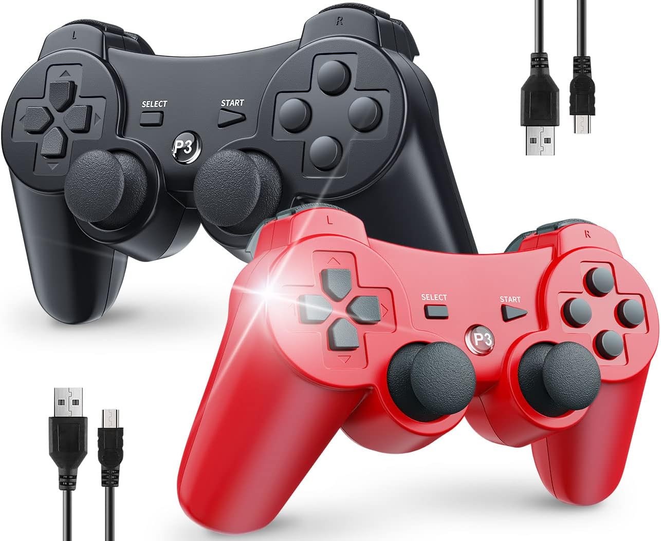 Controllers 2 Pack For Ps3 Controller Wireless Sony Playstation 3 With Double Shock 3&Motion Sensor, Bluetooth, Rechargeable, 360° Analog Joysticks, Usb Charging Cords, Remote