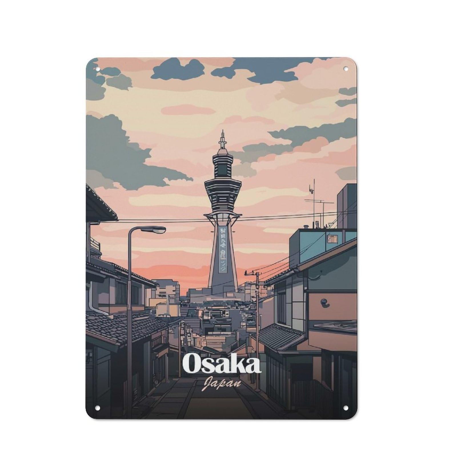 Urban Metal Wall Art Sign 40x30cm Featuring Osaka Skyline Illustration, Urban Room Decor for Modern Home, Workshop, Office Or Cafe