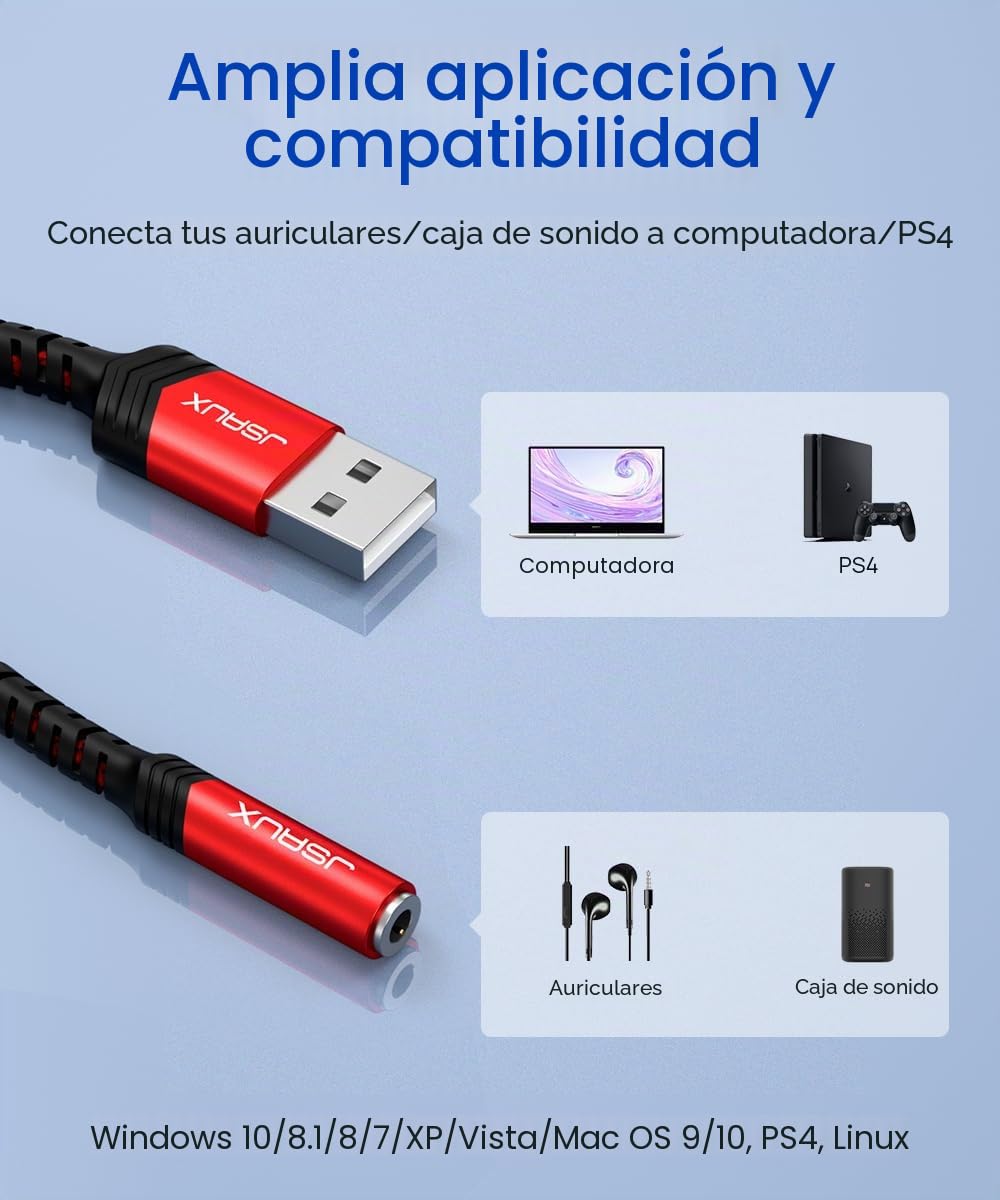 JSAUX Tarjeta De Sonido Externa USB, Adaptador USB a Jack 3,5mm Audio, Sonido Estéreo Convertidor Auxiliar para Auriculares y Micrófono Compatible con PS5/4, Linux, computadora portátil, PC-Rojo