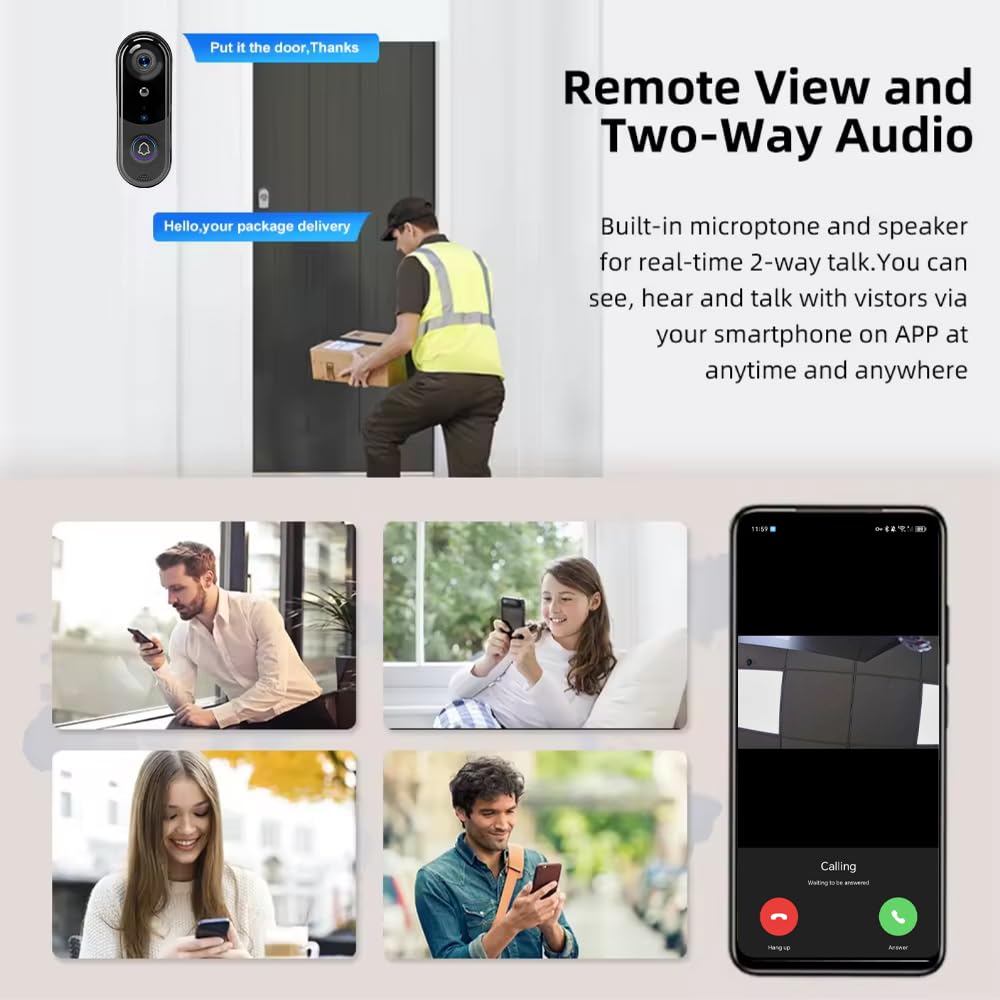 TKSTAR Smart HD 1080p kamera do drzwi wejściowych 2,4 GHz, bezprzewodowa, za pomocą aplikacji, Wi-Fi, 2-drożna komunikacja, wykrywanie ruchu, monitoring, karta pamięci, widoczność w nocy